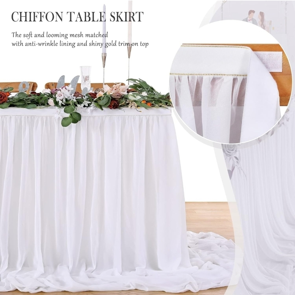 6 Ft White Chiffon Table Skirt with Gold Trim For Wedding Or Party